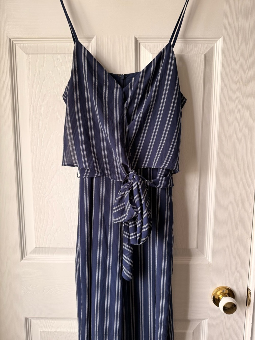 Michael Kors Navy and White Striped Spaghetti Strap Jumpsuit